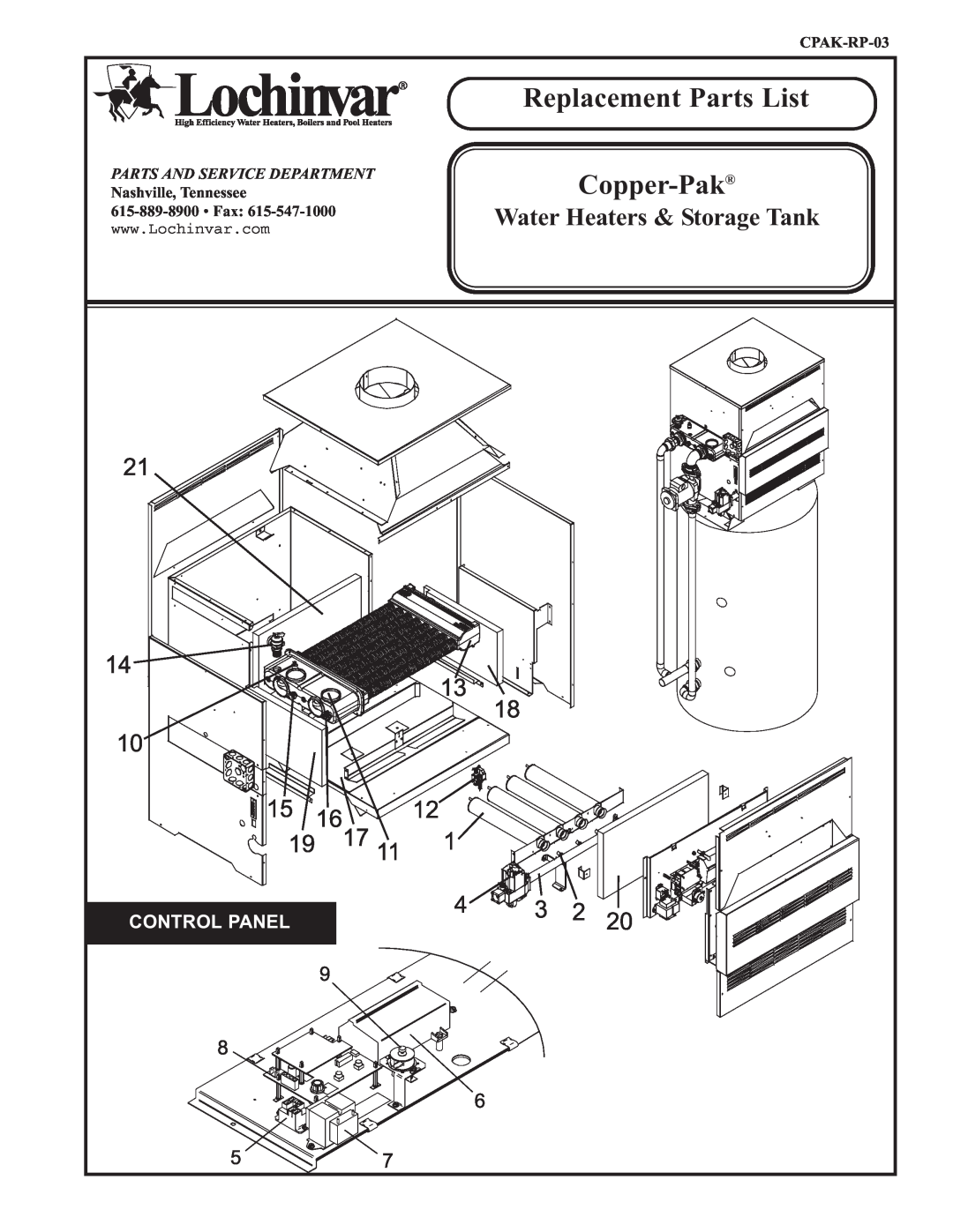 Lochinvar Copper-Pak manual Replacement Parts List, Water Heaters & Storage Tank, Control Panel, CPAK-RP-03 