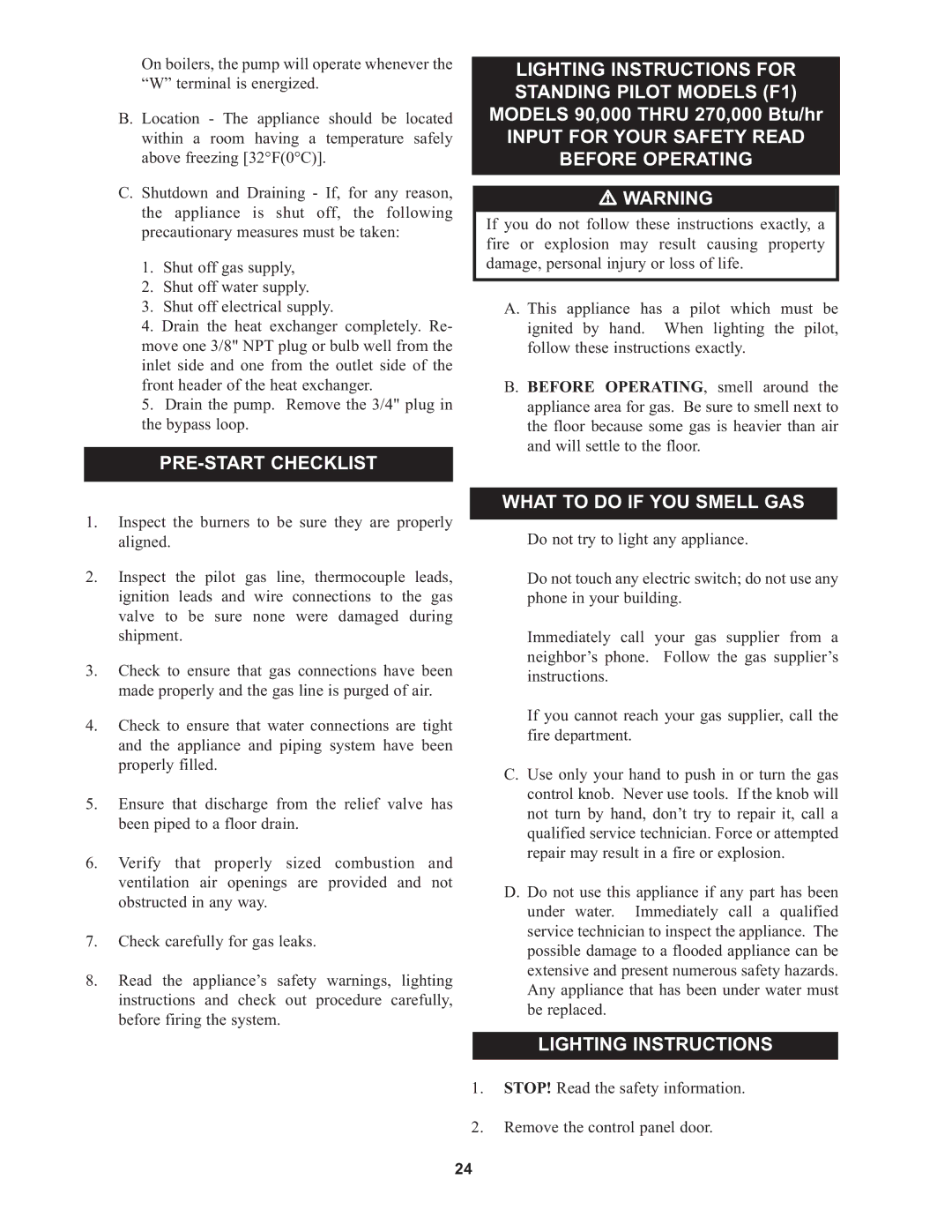 Lochinvar 000 Btu/hr PRE-START Checklist, Lighting Instructions for Standing Pilot Models F1, What to do if YOU Smell GAS 