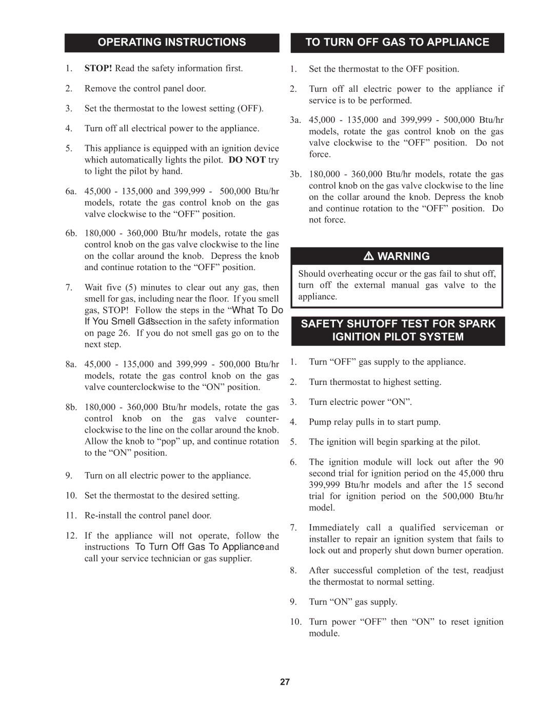 Lochinvar RSB-i&s-05, CP-5M-4/08, 45, 000 - 500, 000 Btu/hr warranty Operating Instructions To Turn OFF GAS to Appliance 