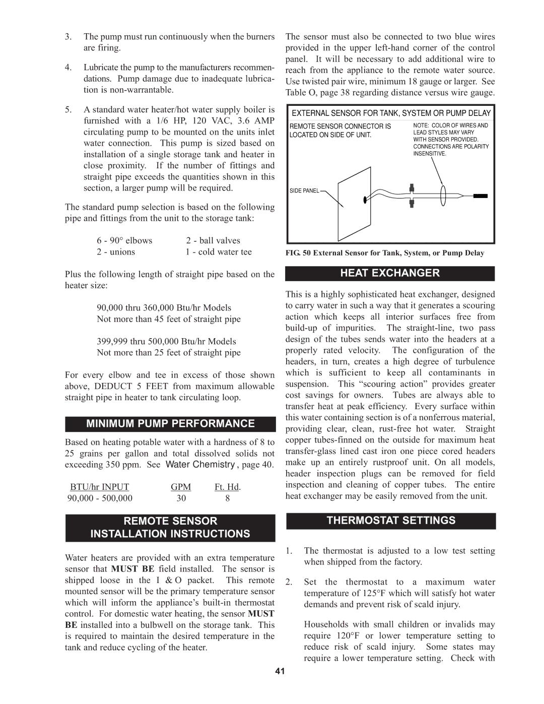 Lochinvar 45 Minimum Pump Performance, Heat Exchanger, Remote Sensor Installation Instructions, Thermostat Settings 