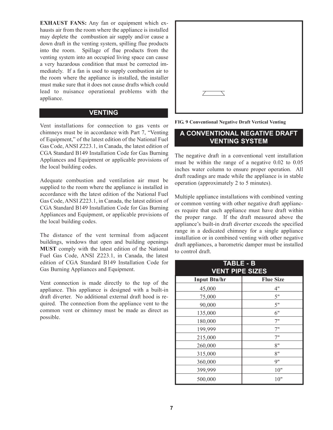 Lochinvar RSB-i&s-05, 45 Conventional Negative Draft Venting System, Table B Vent Pipe Sizes, Input Btu/hr Flue Size 