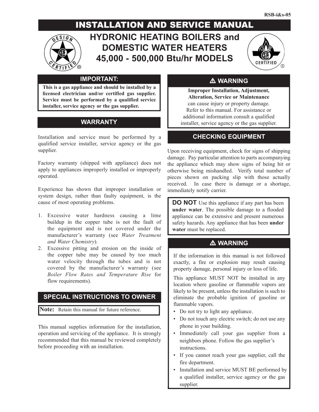 Lochinvar service manual Models 45,000 - 260,000 Btu/hr, SBR-I-SRev A, Save this manual for future reference 