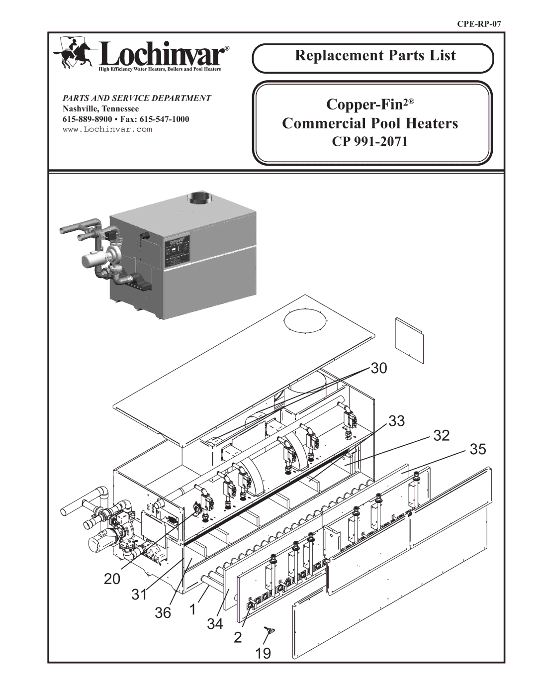 Lochinvar CP 991-2071 manual Replacement Parts List 