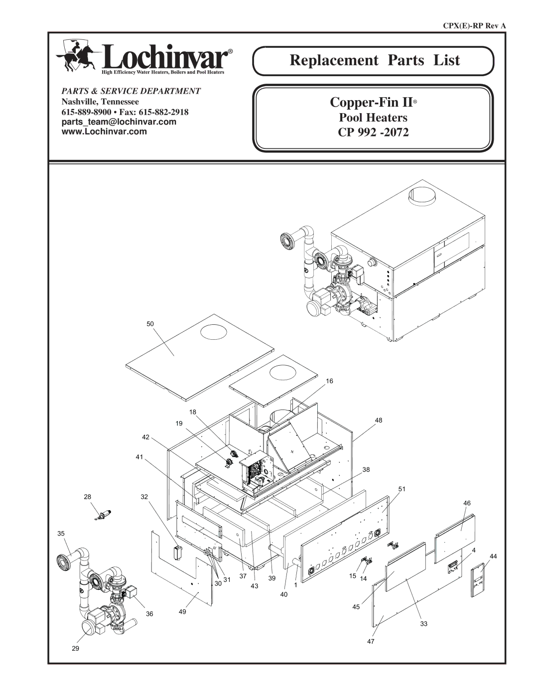 Lochinvar CP 992 -2072 manual Replacement Parts List 