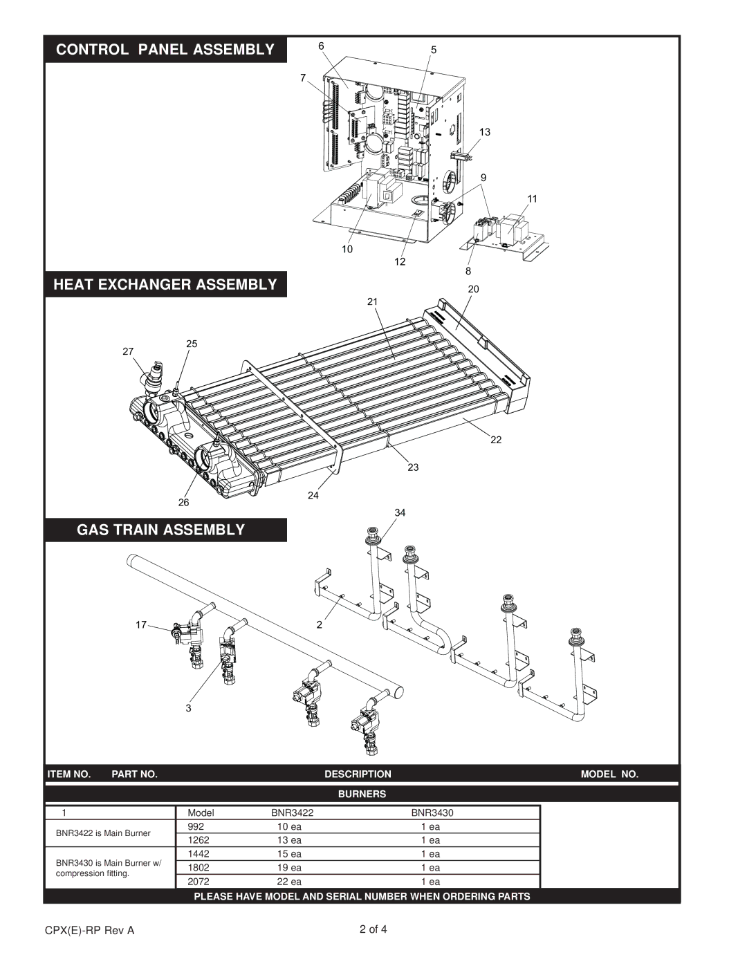 Lochinvar CP 992 -2072 manual Item no Description Model no Burners, Please have Model and Serial Number When Ordering Parts 