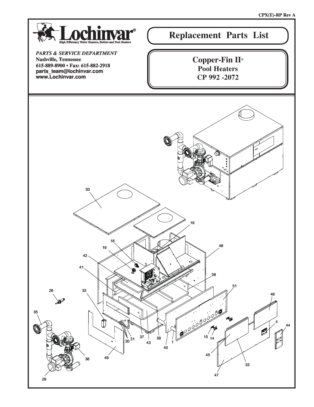 Lochinvar CP 992 -2072 manual Replacement, List, Copper-FinII, Pool Heaters, Cp, Parts & Service Department 