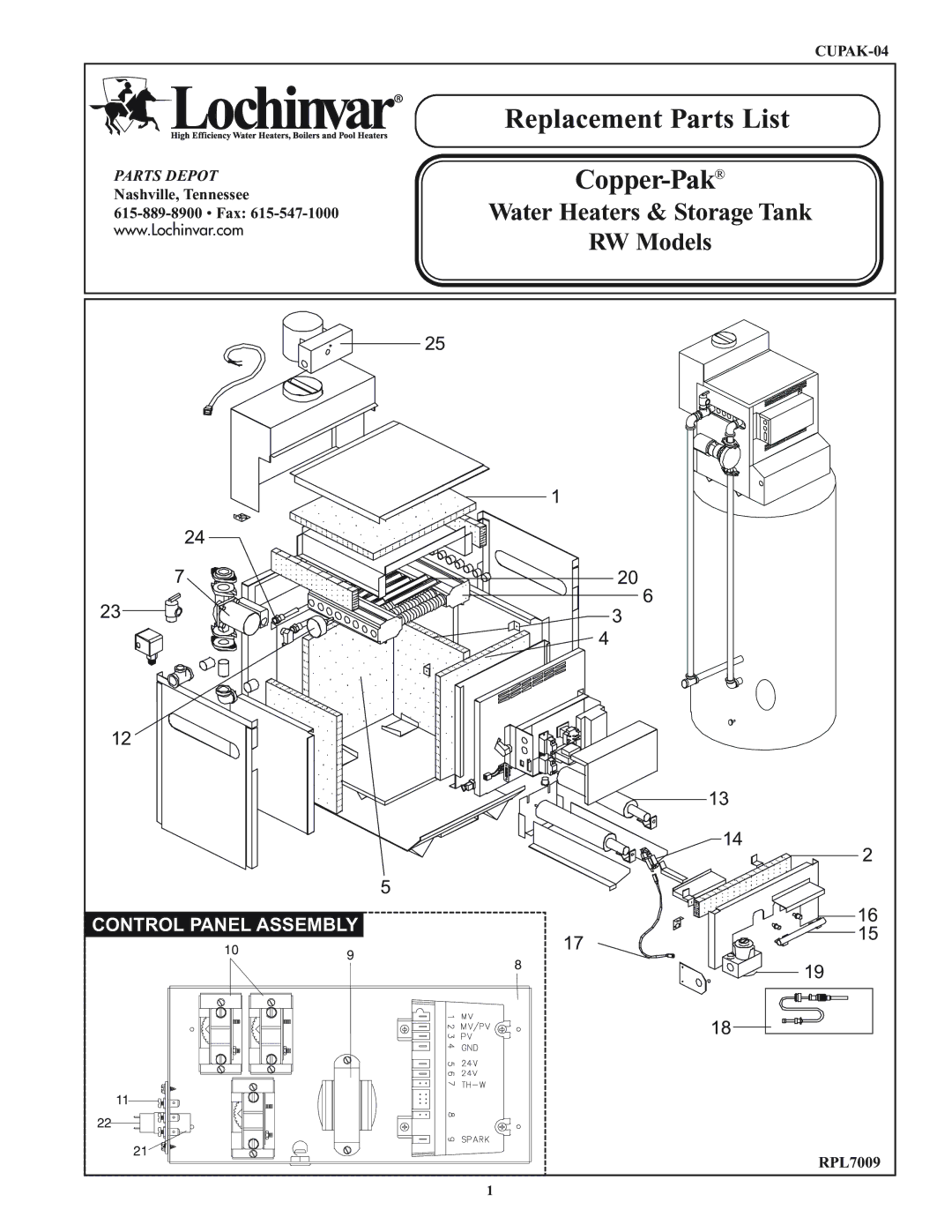 Lochinvar CUPAK-04 manual Replacement Parts List 