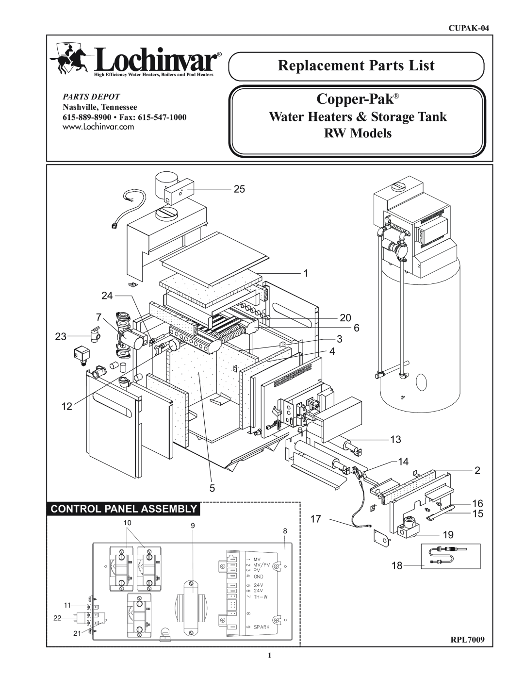 Lochinvar CUPAK-04 manual Replacement Parts List, Copper-Pak, RW Models, Water Heaters & Storage Tank 