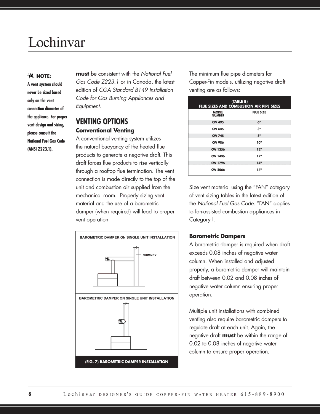 Lochinvar CW 745, CW 645 manual Venting Options, Conventional Venting, Barometric Dampers 