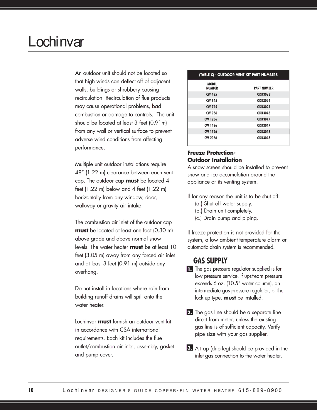 Lochinvar CW 745, CW 645 manual GAS Supply, Freeze Protection Outdoor Installation 