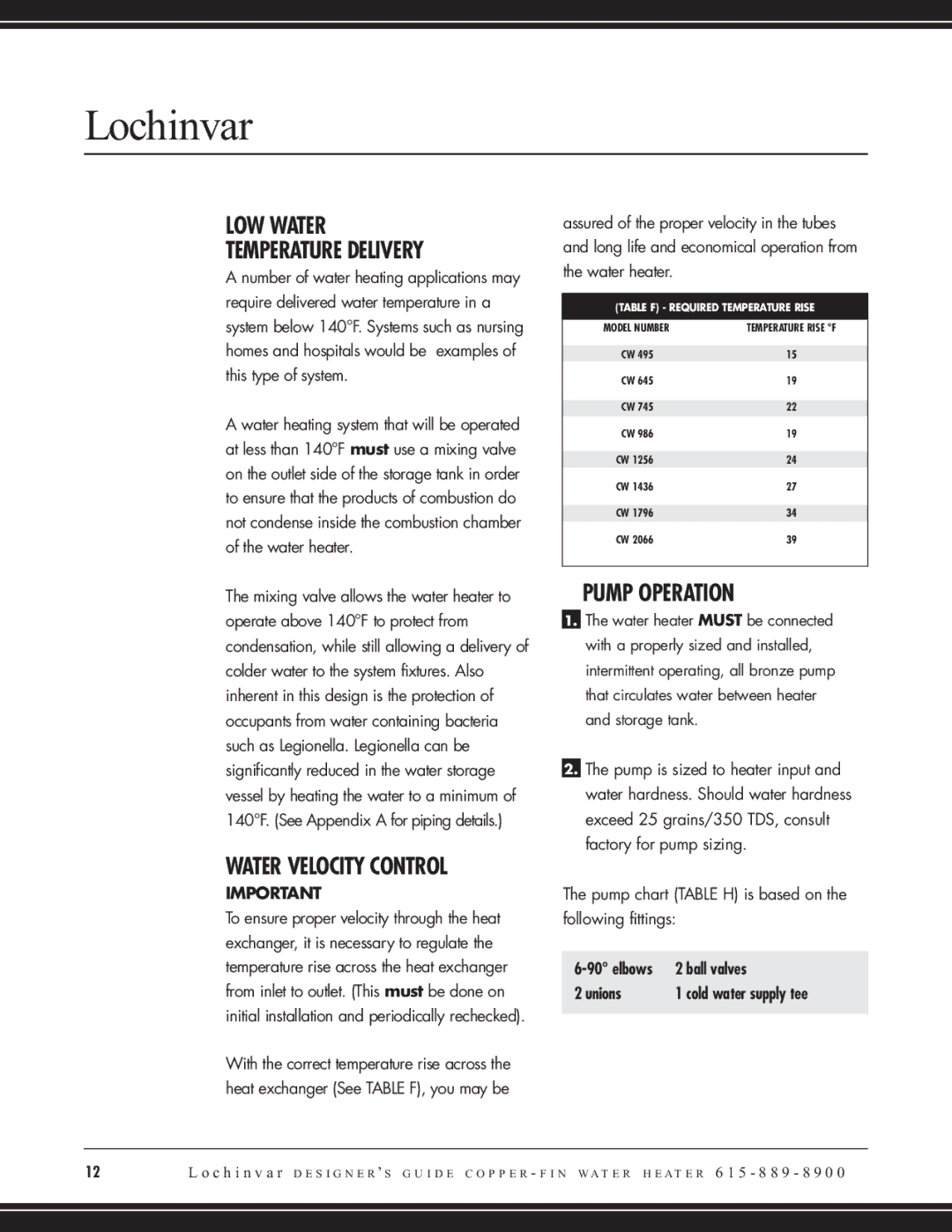 Lochinvar CW 745, CW 645 manual LOW Water Temperature Delivery, Water Velocity Control, Pump Operation, Ball valves 