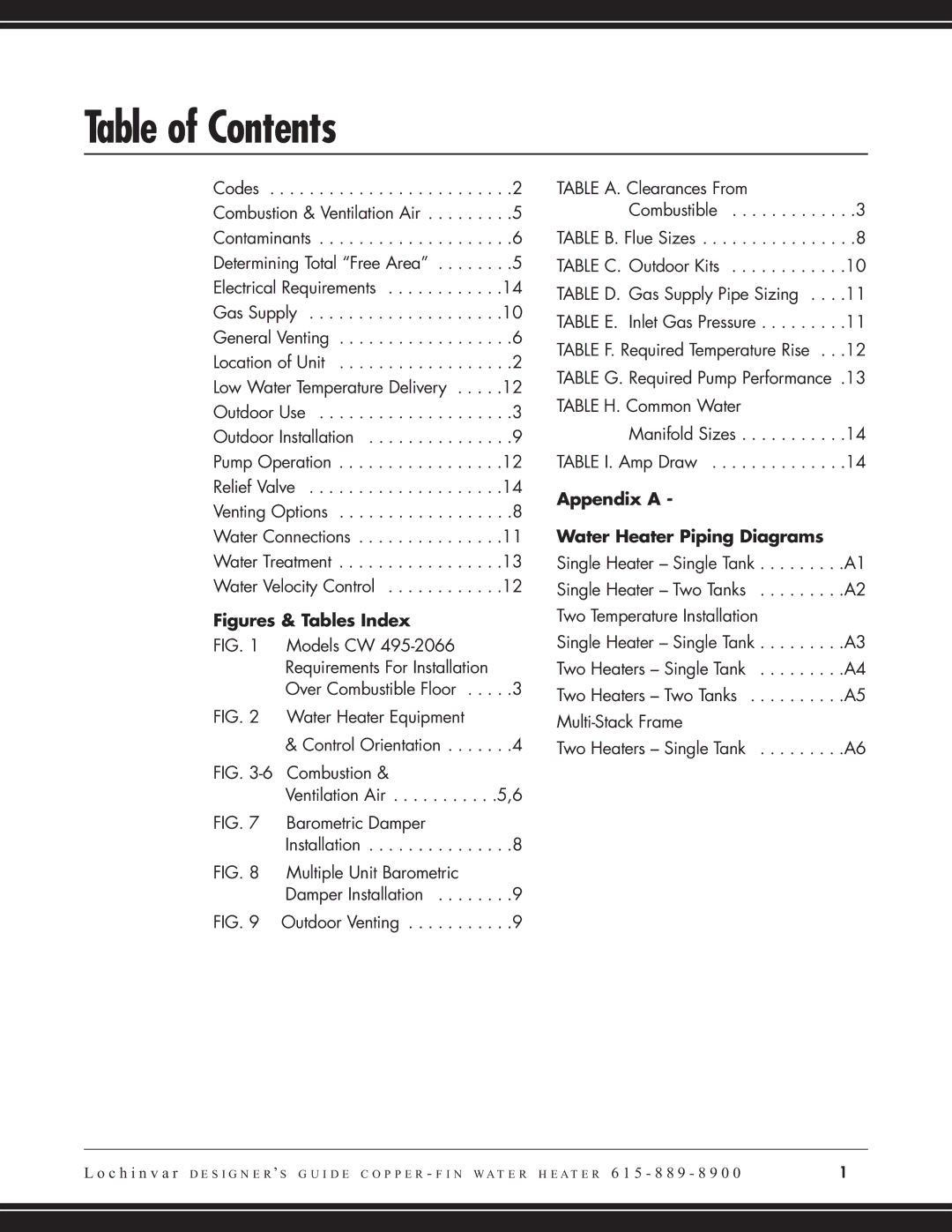 Lochinvar CW 645, CW 745 manual Table of Contents 