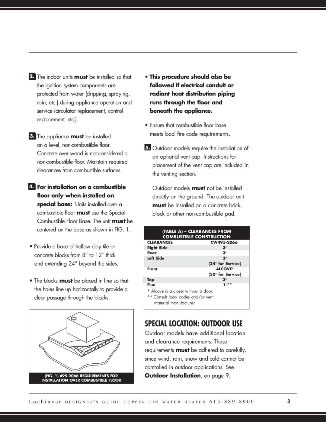 Lochinvar CW 645, CW 745 manual Special Location Outdoor USE, Table a Clearances from Combustible Construction 