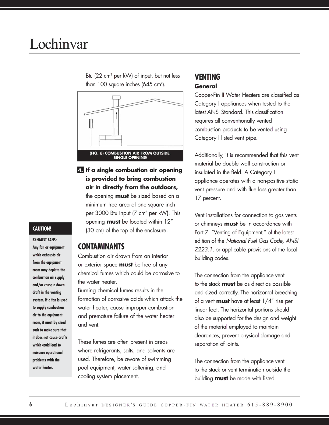 Lochinvar CW 745, CW 645 manual Venting, Contaminants, General, Exhaust Fans 