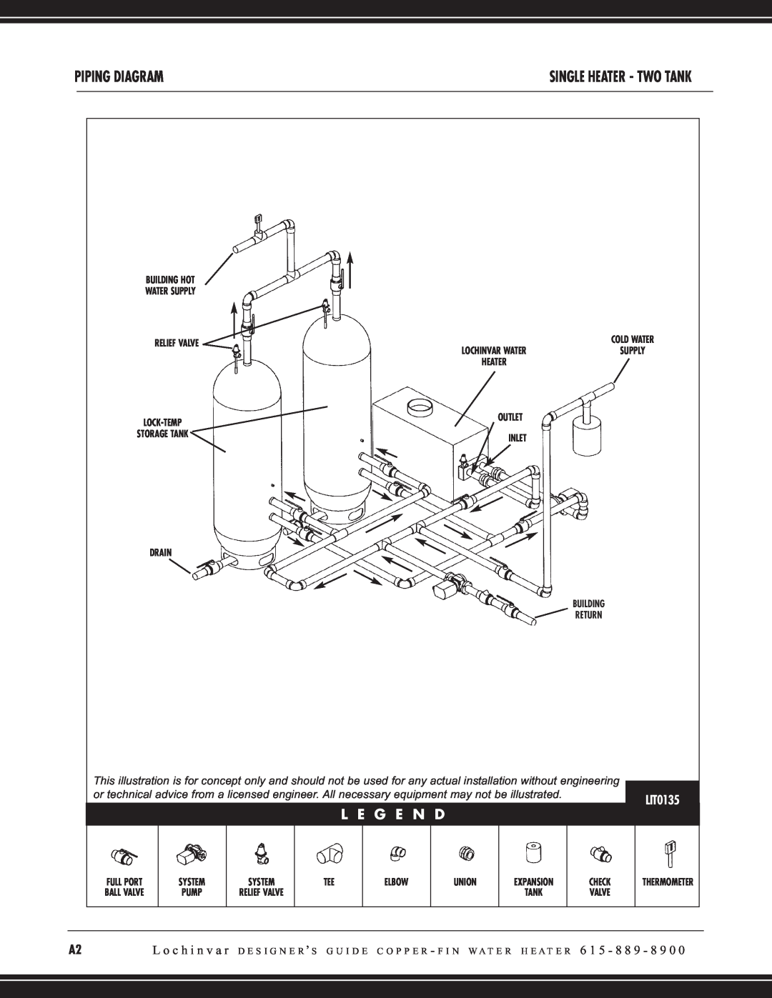 Lochinvar CW 745, CW 645 manual Piping Diagram, L E G E N D, Single Heater - Two Tank 