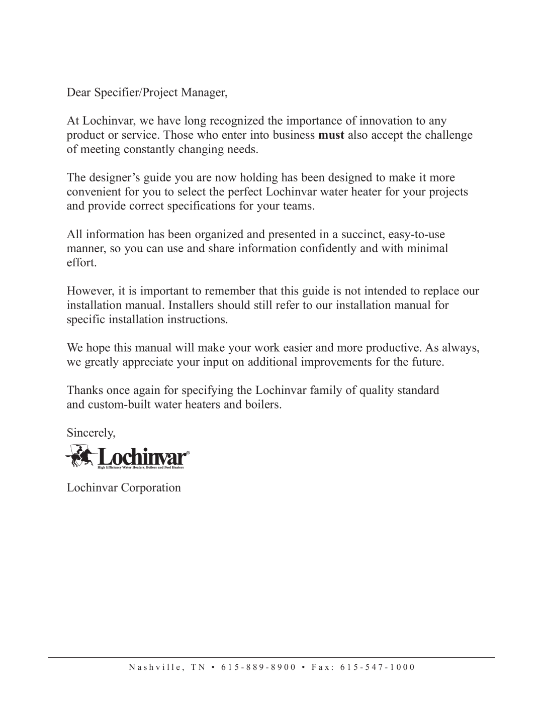 Lochinvar CW 745, CW 645 manual Dear Specifier/Project Manager 