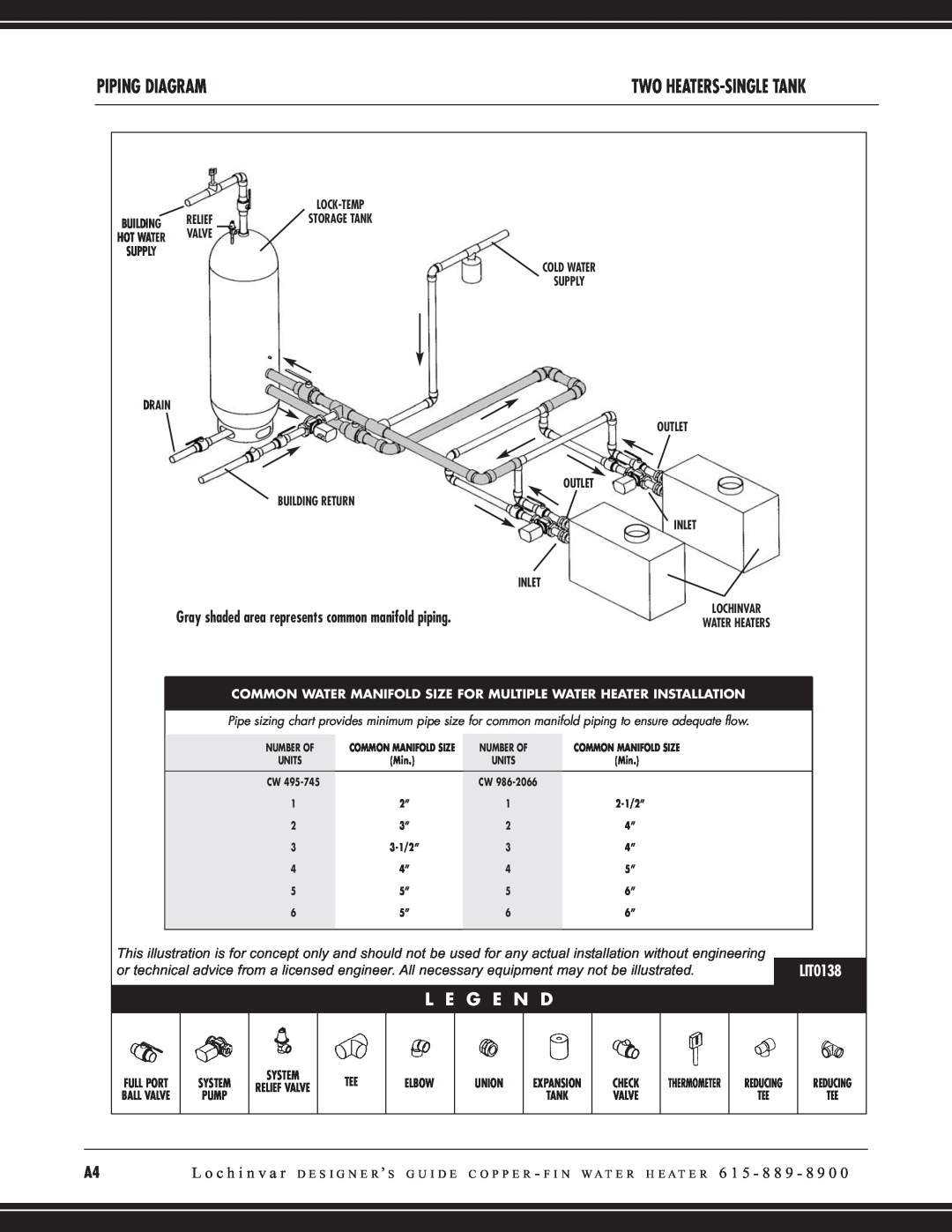 Lochinvar CW 745, CW 645 manual Piping Diagram, L E G E N D, Two Heaters-Singletank, LIT0138 