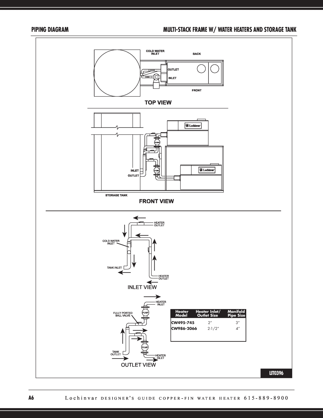 Lochinvar CW 745, CW 645 manual Piping Diagram, LIT0396, Heater Inlet, Manifold, Model, Outlet Size, Pipe Size 