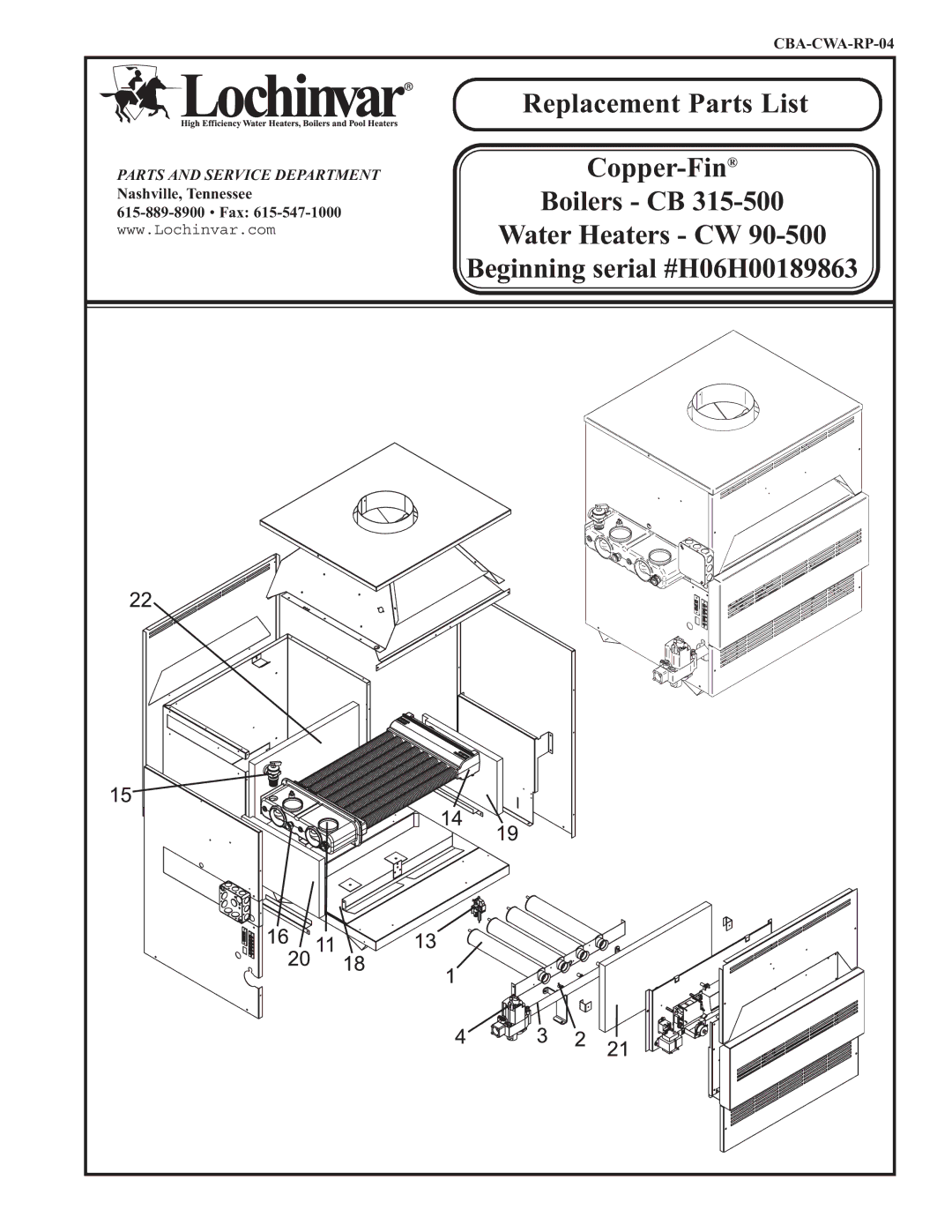 Lochinvar CB 315-500, CW 90-500 manual Replacement Parts List 