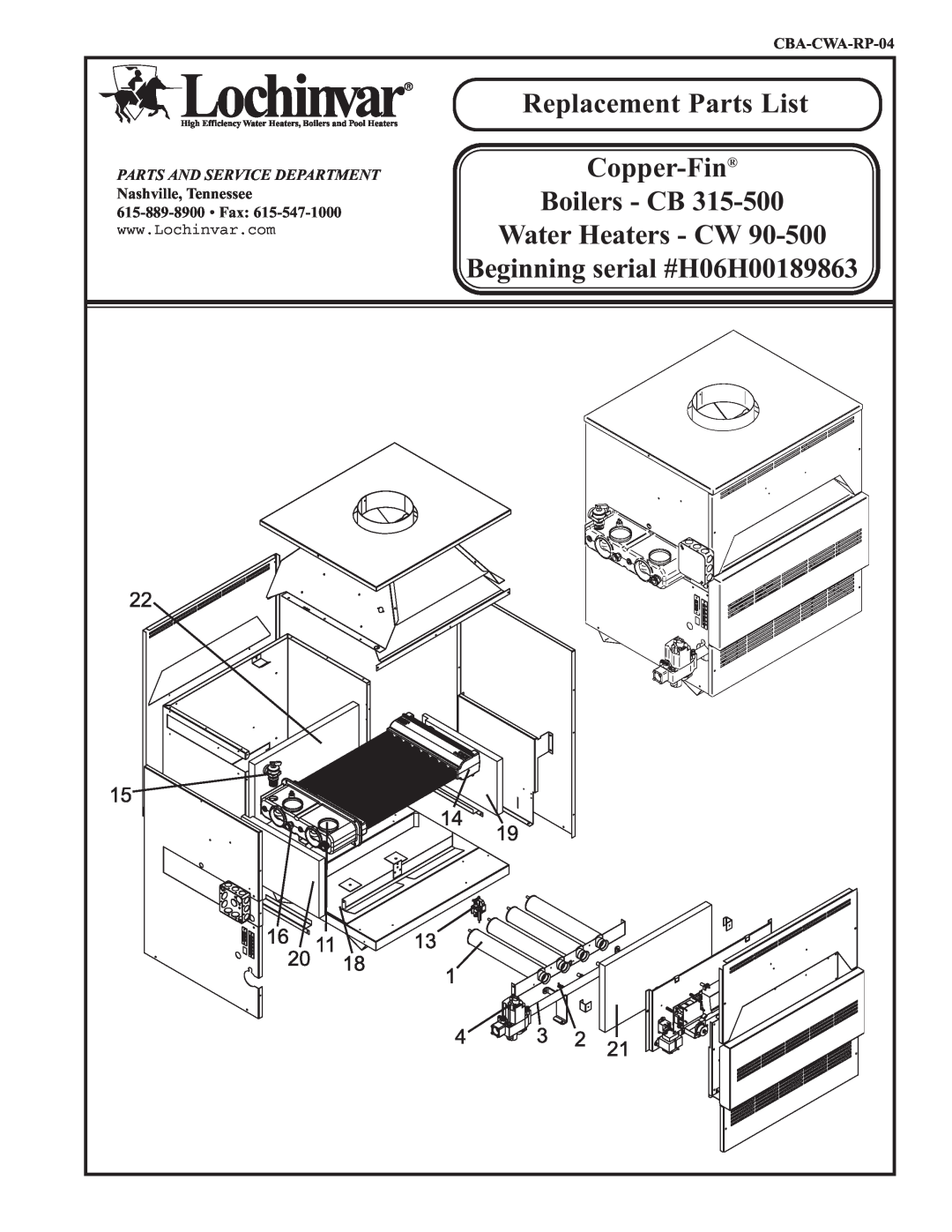 Lochinvar CB 315-500, CW 90-500 manual Replacement Parts List, Copper-Fin, Boilers - CB, Water Heaters - CW, CBA-CWA-RP-04 