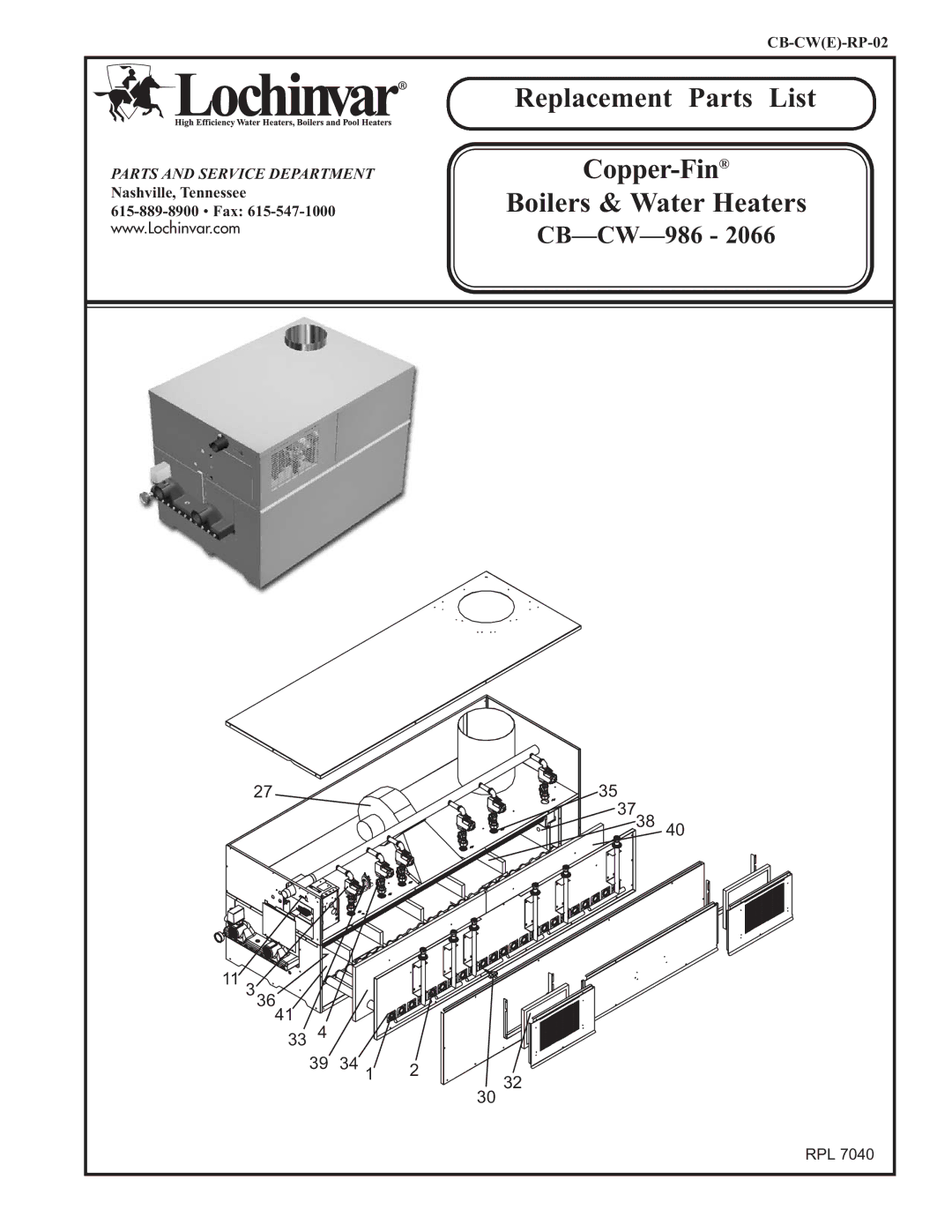 Lochinvar CB 986, CW 986, CW 2066, CB 2066 manual Replacement Parts List 