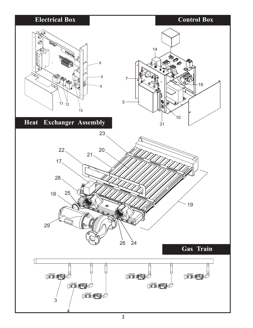 Lochinvar CW 2066, CW 986, CB 986, CB 2066 manual Electrical Box Control Box Heat Exchanger Assembly Gas Train 