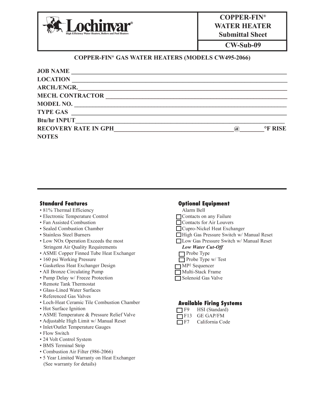 Lochinvar CW495-2066 warranty Standard Features, Optional Equipment, Available Firing Systems 