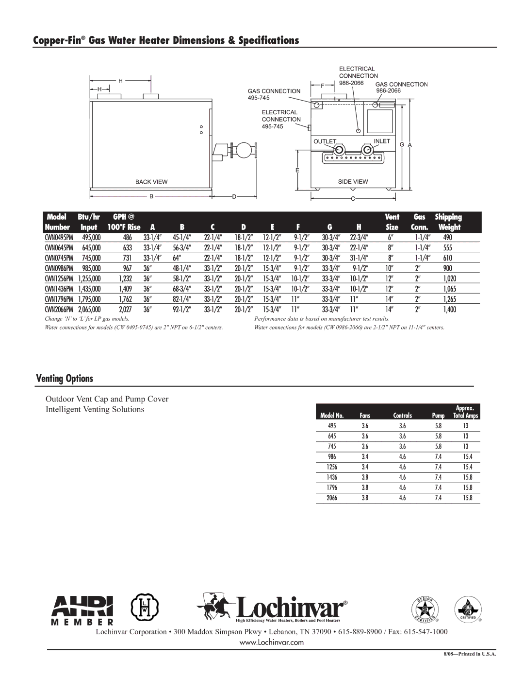 Lochinvar CW495-2066 warranty Copper-FinGas Water Heater Dimensions & Specifications, Venting Options 