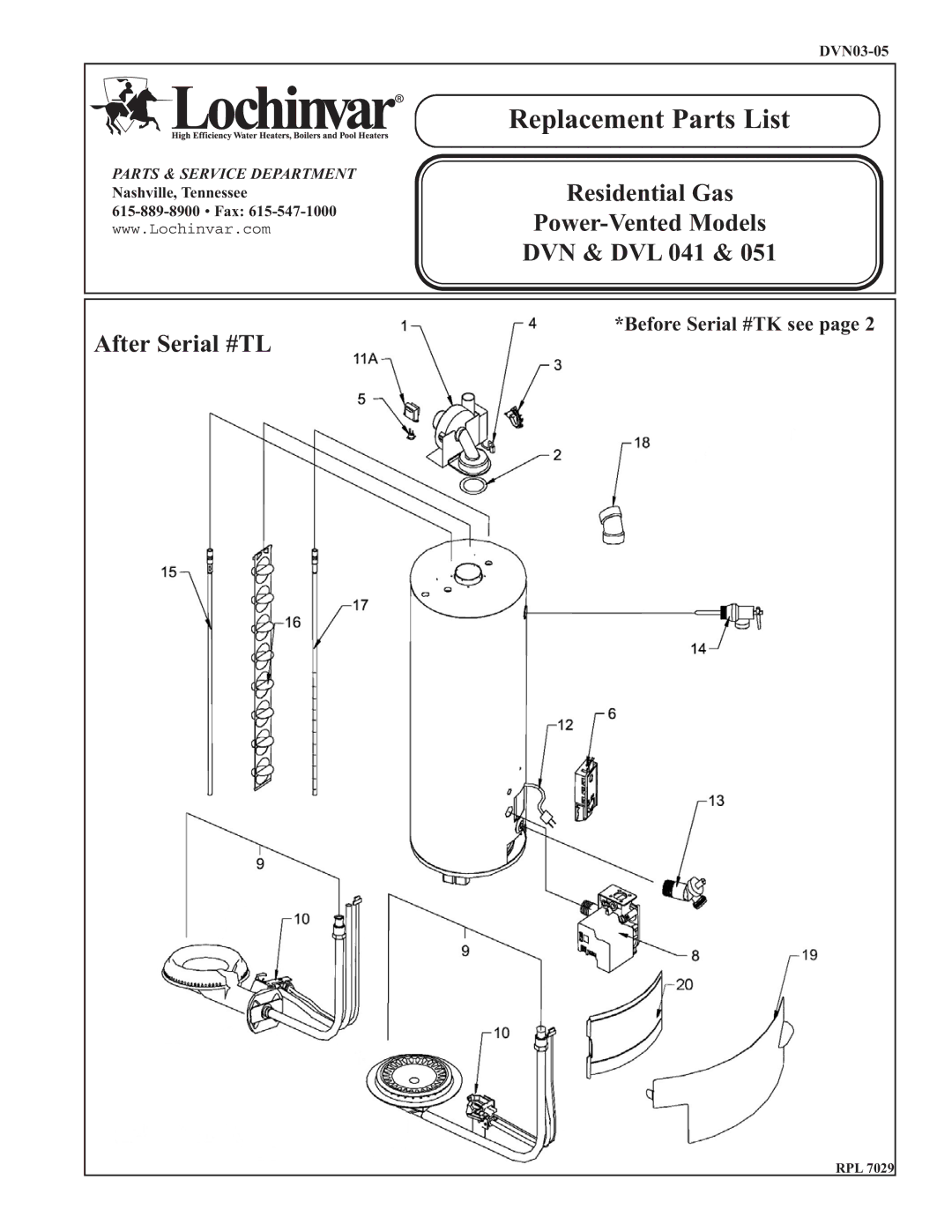 Lochinvar DVL 051, DVL 041 manual Replacement Parts List 