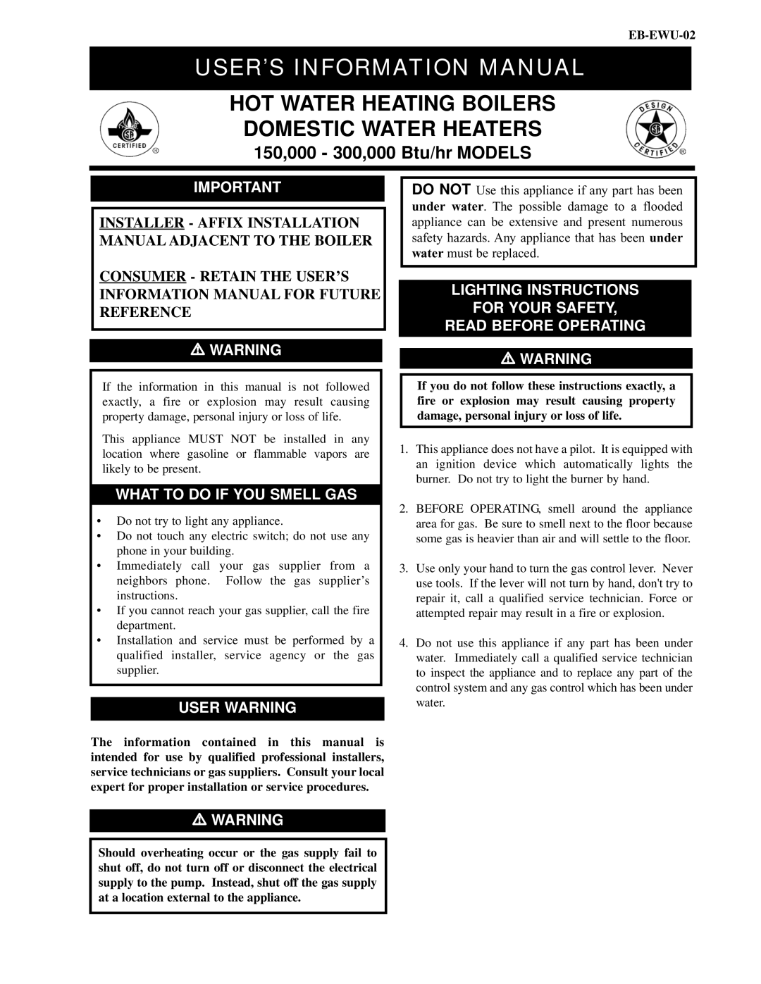 Lochinvar 150 installation manual Lighting Instructions For Your Safety Read Before Operating, What to do if YOU Smell GAS 