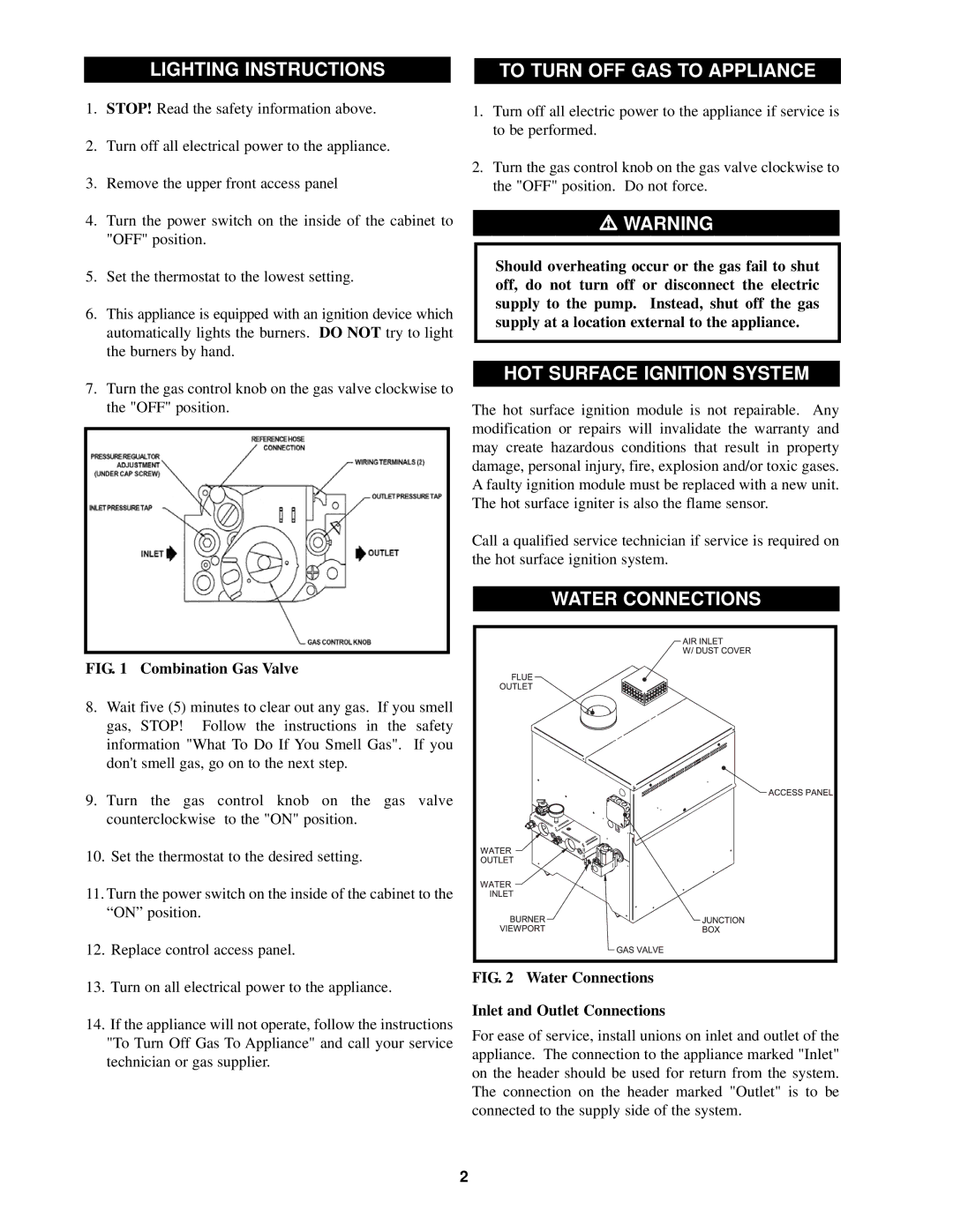 Lochinvar 000 - 300 Lighting Instructions, To Turn OFF GAS to Appliance, HOT Surface Ignition System, Water Connections 