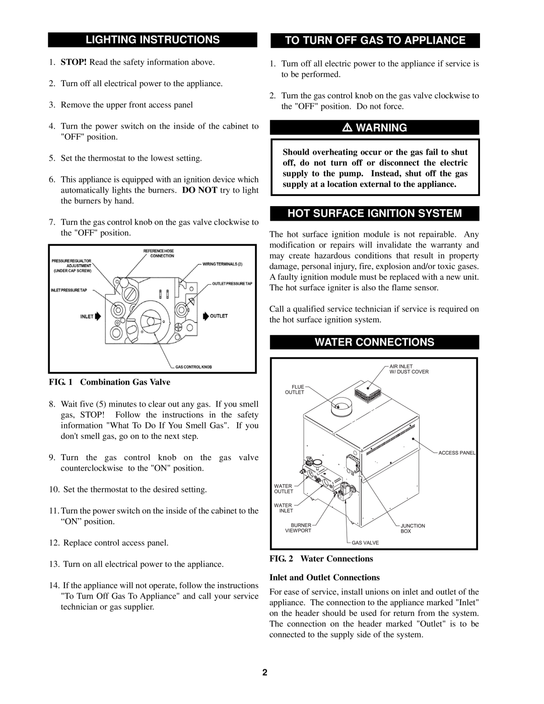 Lochinvar 000 - 300 Lighting Instructions, To Turn Off Gas To Appliance, Hot Surface Ignition System, Water Connections 