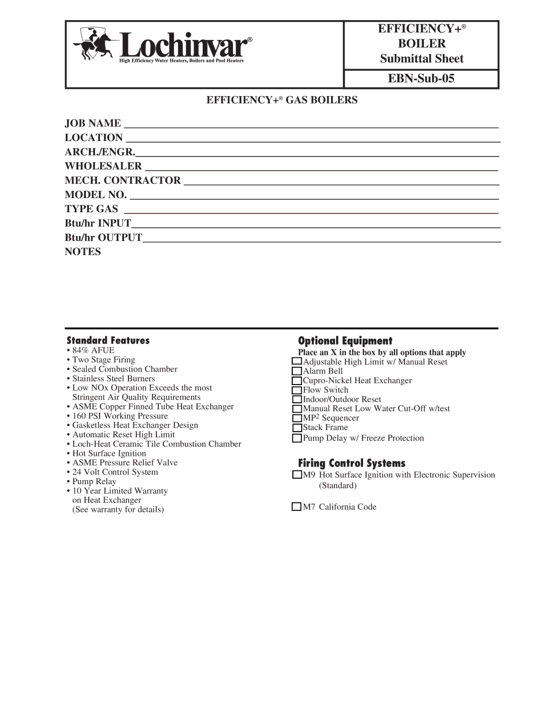 Lochinvar EBN-SUB-05 warranty Optional Equipment, Firing Control Systems 