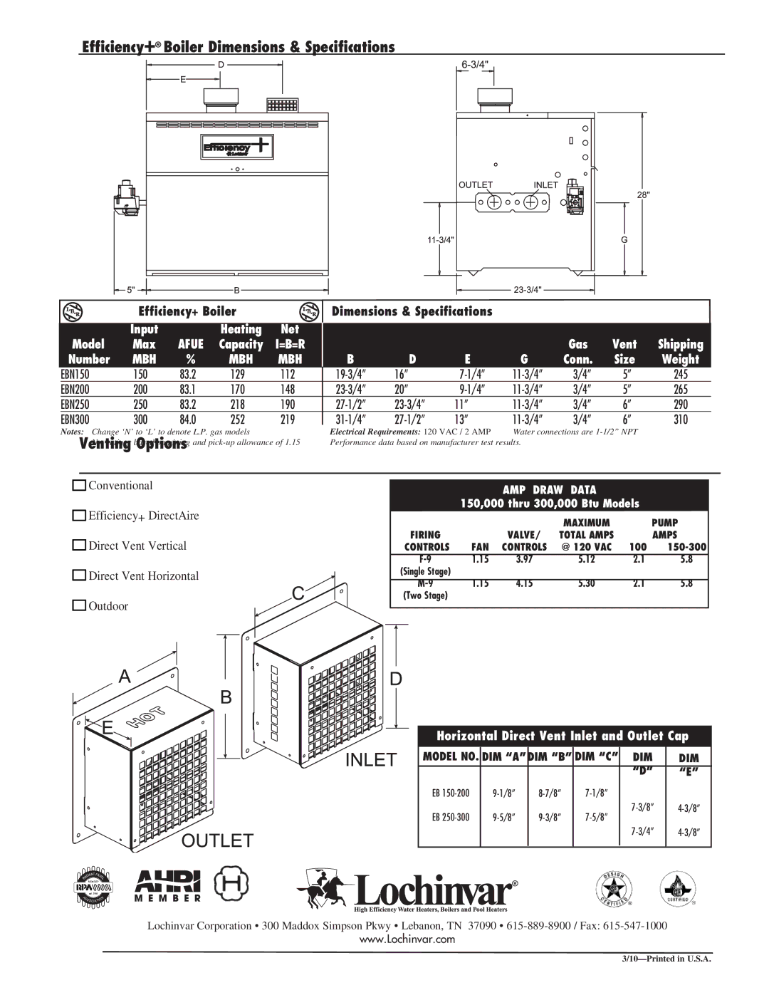 Lochinvar EBN-SUB-05 warranty Efficiency+ Boiler Dimensions & Specifications 