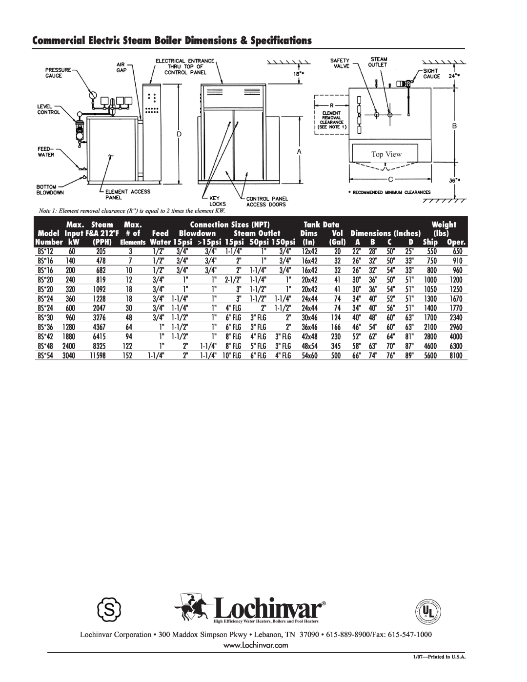 Lochinvar EBS-SUB-02 warranty Commercial Electric Steam Boiler Dimensions & Specifications, Top View 