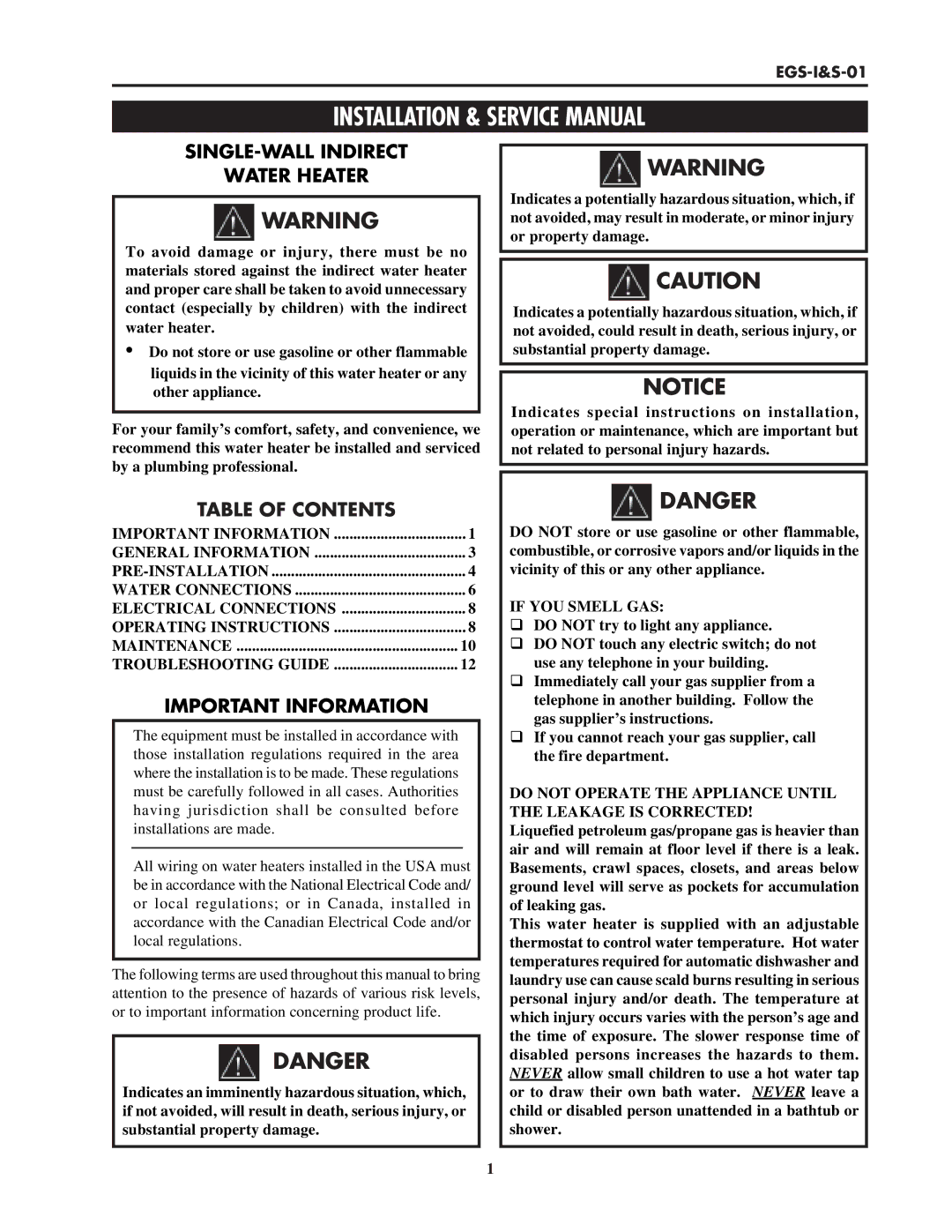 Lochinvar EGS-I&S-01 service manual Table of Contents 