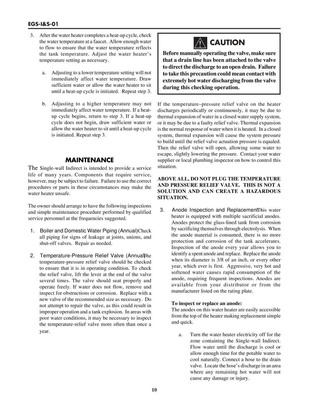 Lochinvar EGS-I&S-01 service manual Maintenance, To inspect or replace an anode 