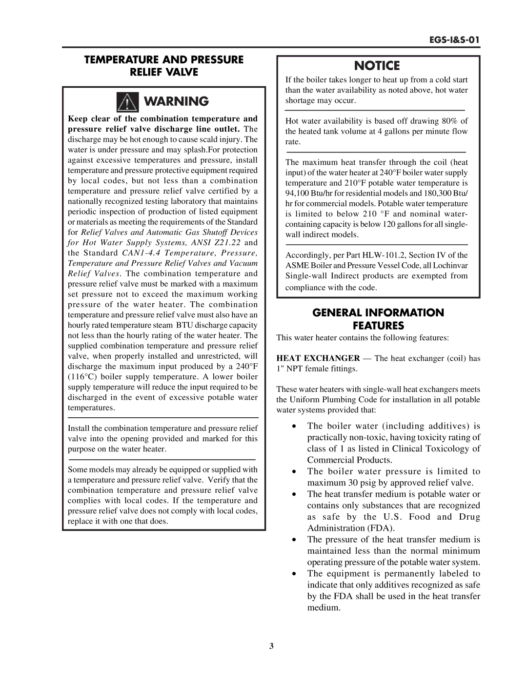 Lochinvar EGS-I&S-01 service manual Temperature and Pressure Relief Valve, General Information Features 