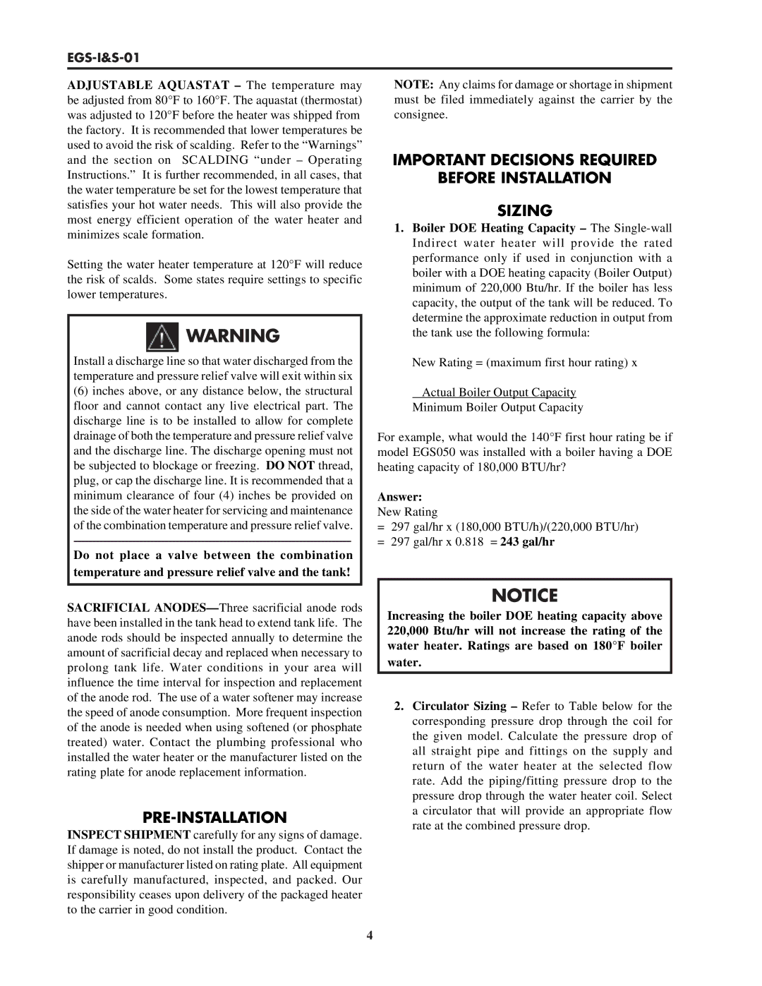 Lochinvar EGS-I&S-01 service manual Important Decisions Required Before Installation Sizing, Pre-Installation, Answer 