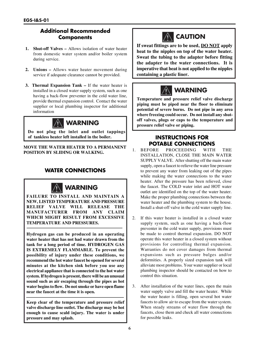 Lochinvar EGS-I&S-01 service manual Water Connections, Instructions for Potable Connections 