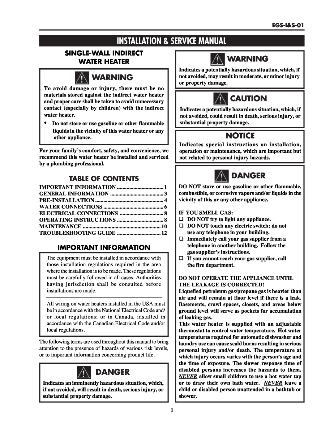 Lochinvar EGS-I&S-01 service manual Danger, Single-Wallindirect Water Heater, Important Information, Table Of Contents 