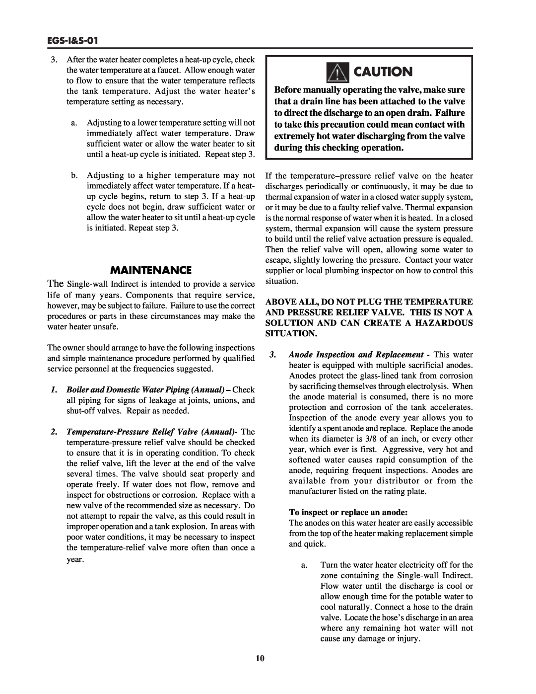 Lochinvar EGS-I&S-01 service manual Maintenance, To inspect or replace an anode 