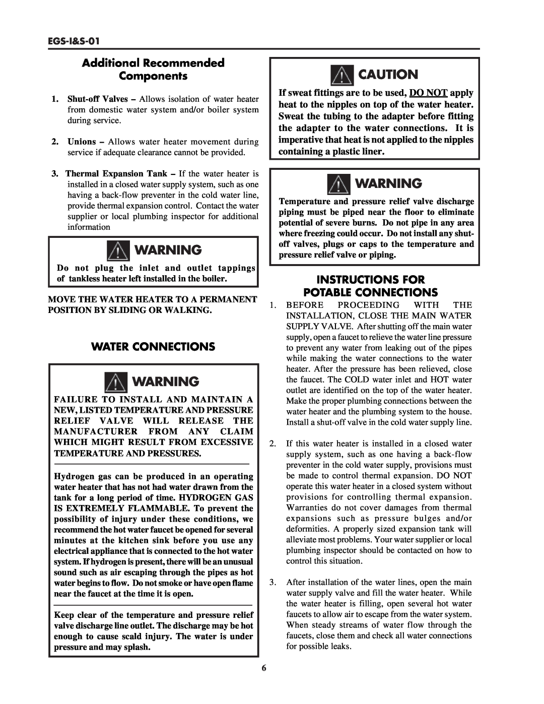 Lochinvar EGS-I&S-01 Additional Recommended Components, Water Connections, Instructions For Potable Connections 