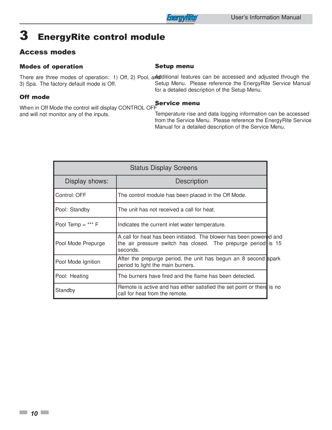 Lochinvar ER152, ER302, ER202, ER402, ER252 manual Modes of operation, Setup menu Off mode, Service menu 