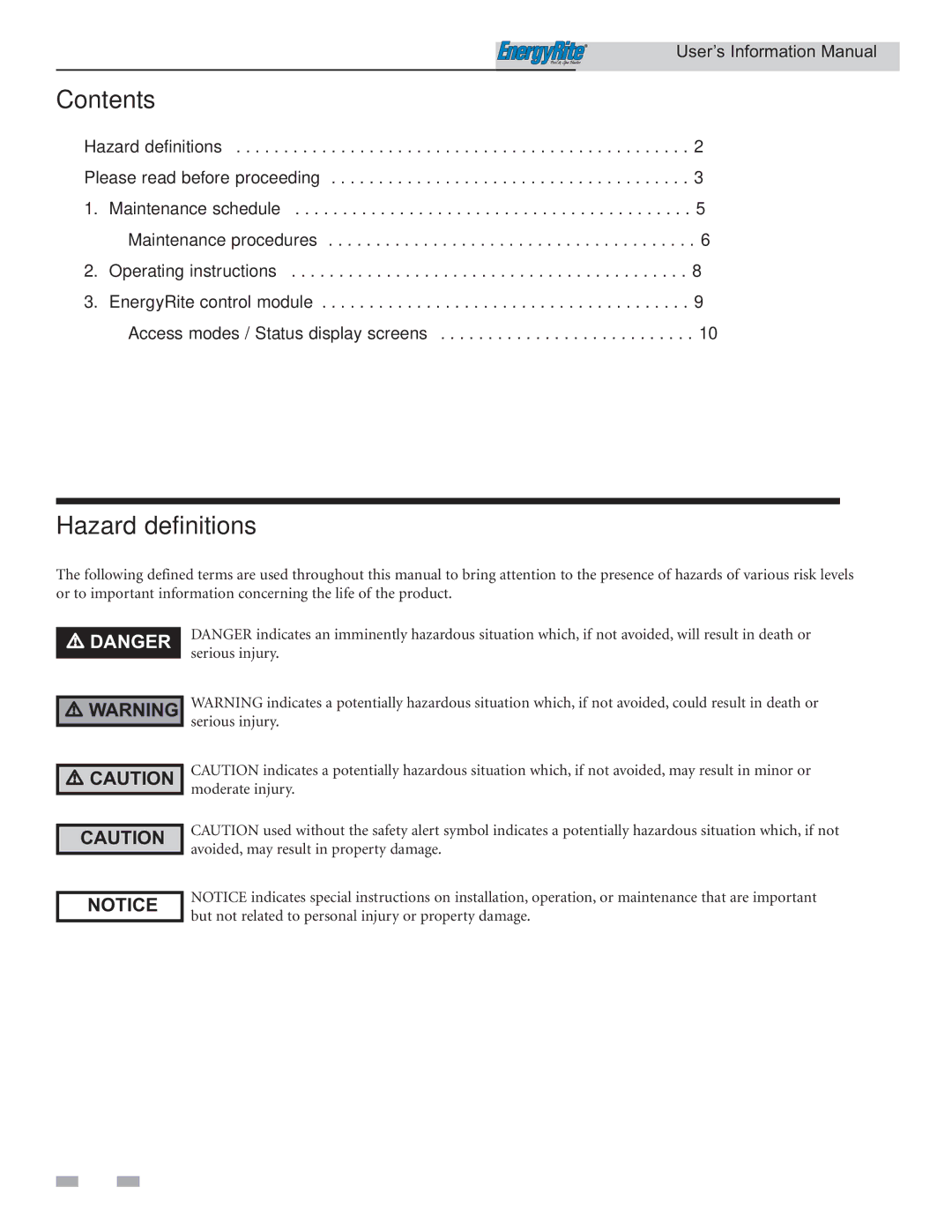 Lochinvar ER202, ER152, ER302, ER402, ER252 manual Contents, Hazard definitions 