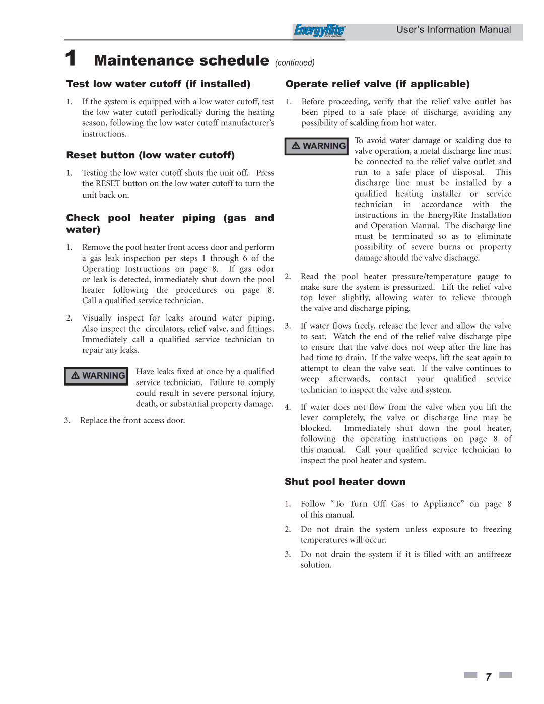 Lochinvar ER202 Test low water cutoff if installed, Operate relief valve if applicable, Reset button low water cutoff 