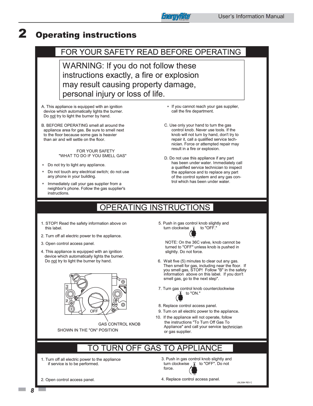 Lochinvar ER402, ER152, ER302, ER202, ER252 manual Operating instructions 