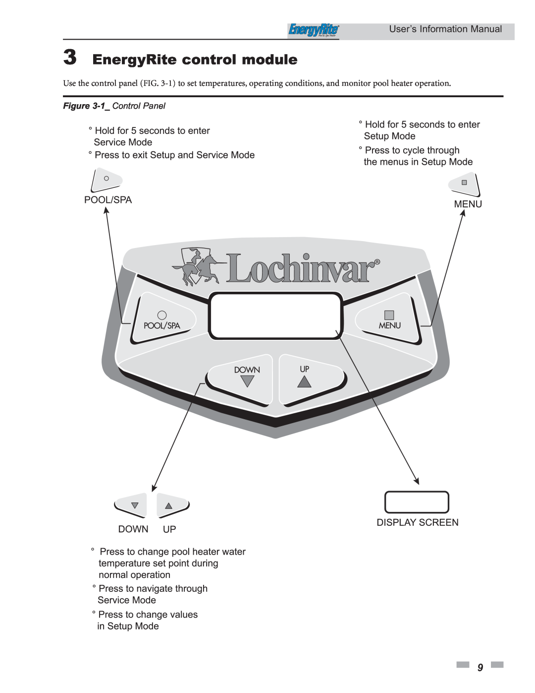 Lochinvar ER252, ER152, ER302, ER202, ER402 manual 3EnergyRite control module, 1 Control Panel, User’s Information Manual 
