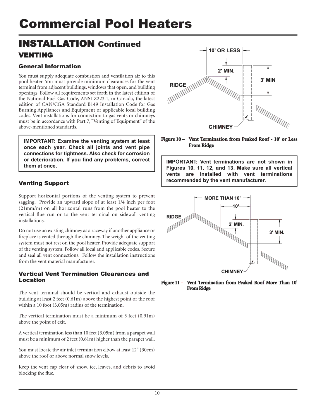 Lochinvar F0600187510 General Information, Venting Support, Vertical Vent Termination Clearances and Location 