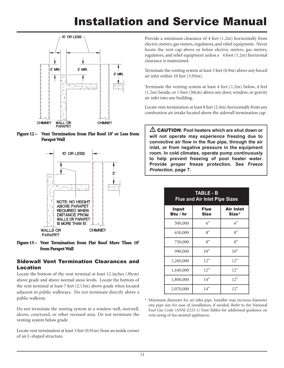 Lochinvar F0600187510 service manual Sidewall Vent Termination Clearances and Location, Table B 